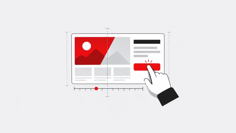 eBook - O que é a Geração de Leads? 4 Página de website com medidas de disposição e uma interação num botão, representando Core Web Vitals.