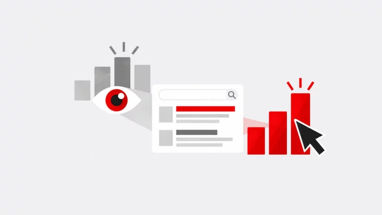 eBook - O que é a Geração de Leads? 3 Resultado de pesquisa, olho e indicadores de cliques, representando dados do Google Search Console.