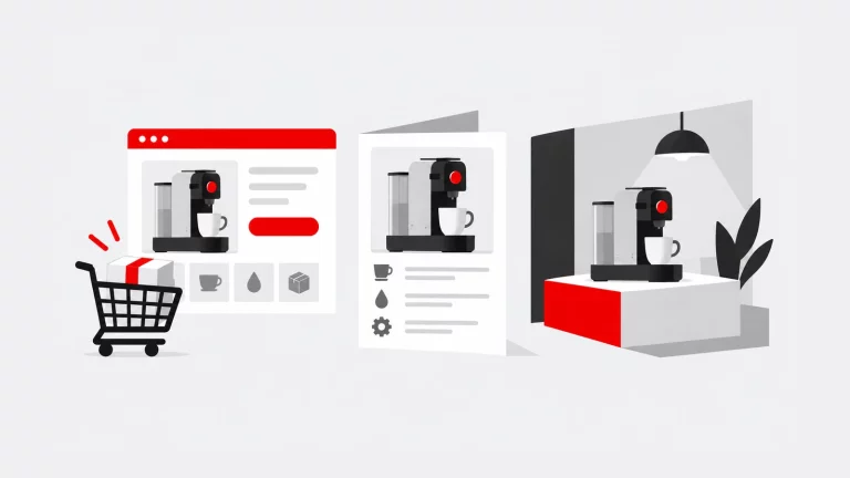 Produto apresentado numa loja online, numa ficha de catálogo e num espaço de exposição.