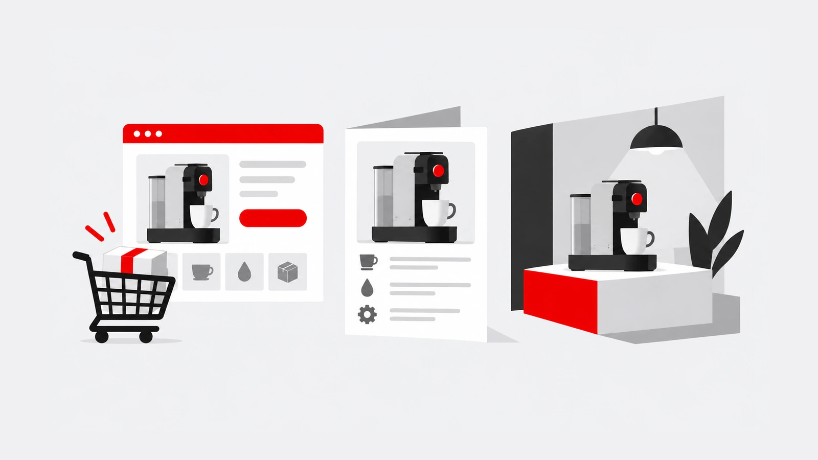 Produto apresentado numa loja online, numa ficha de catálogo e num espaço de exposição.