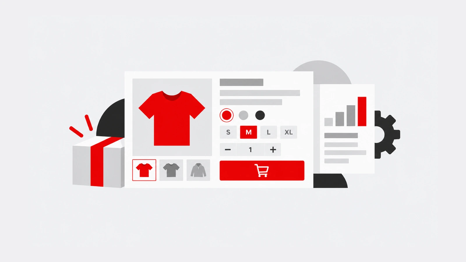 Catálogo de loja online com seleção de produtos, carrinho e elementos de gestão.