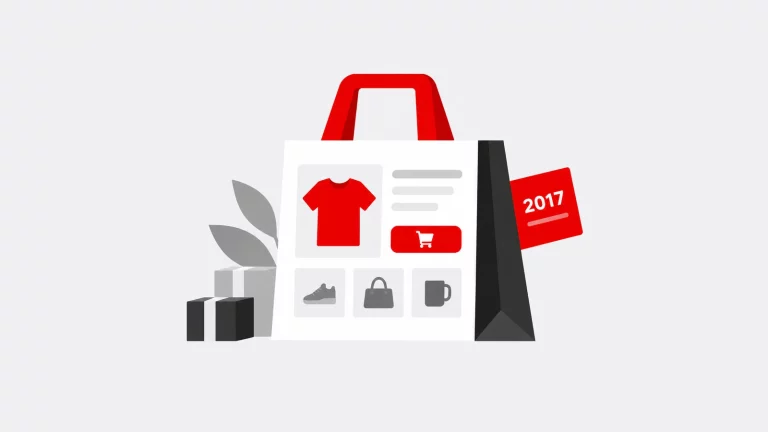 Saco de compras com catálogo digital e calendário de tendências de ecommerce para 2017.
