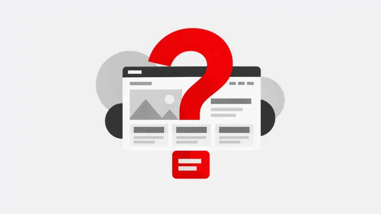 Página de website WordPress com ponto de interrogação e cartão de resposta.