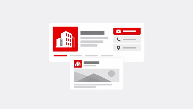 Página de empresa com identidade, contactos e publicação de conteúdo.
