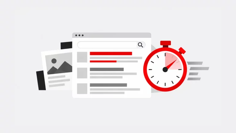 eBook - O que é a Geração de Leads? 6 Resultados de pesquisa ao lado de um cronómetro, representando a relação entre SEO e desempenho.