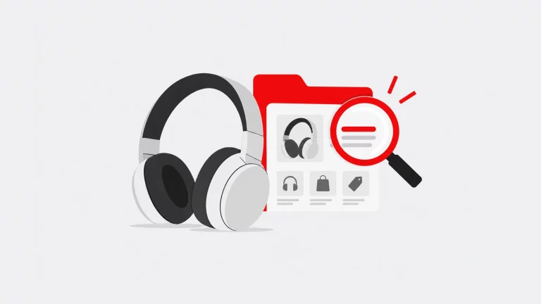 eBook - O que é a Geração de Leads? 5 Auscultadores diante de resultados de pesquisa e uma lupa, representando SEO de produtos e categorias WooCommerce.
