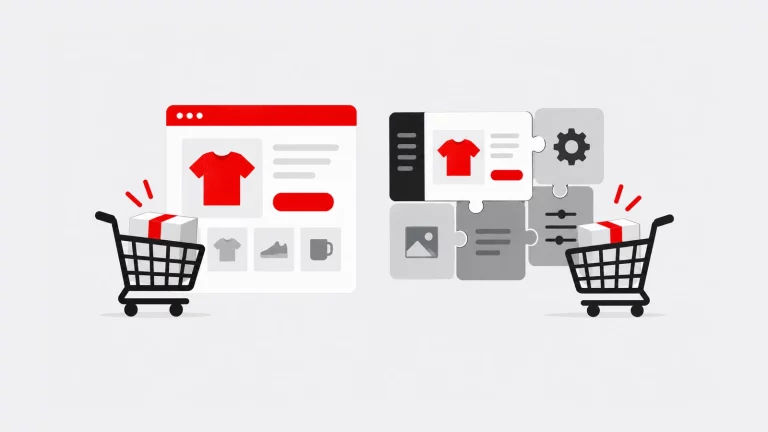 4 ferramentas do WordPress que são “máquinas” a gerar leads 3 Duas estruturas de loja online com produtos e carrinhos, representando Shopify e WooCommerce.