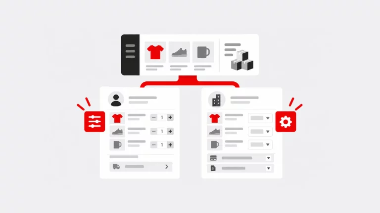 Catálogo de produtos ligado a duas tabelas comerciais, representando clientes B2B e B2C na mesma loja.
